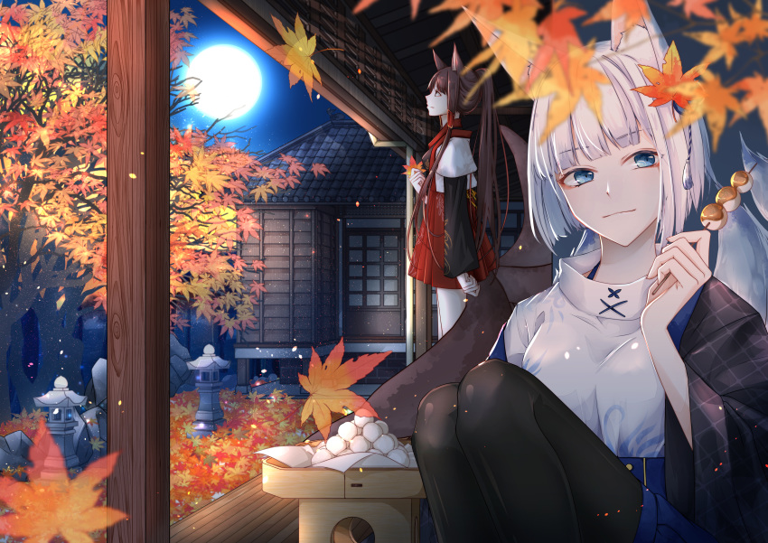 absurdres akagi_(azur_lane) animal_ear_fluff animal_ears architecture autumn autumn_leaves azur_lane black_legwear blue_eyes bob_cut brown_hair closed_mouth commentary dango east_asian_architecture falling_leaves food fox_ears fox_tail full_moon hair_tubes hakama_skirt highres holding holding_food huge_filesize kaga_(azur_lane) kyuubi leaf lianlian light_smile long_hair long_sleeves looking_at_viewer maple_leaf mid-autumn_festival mitarashi_dango moon multiple_tails night night_sky pantyhose short_hair sidelocks skewer sky stone_lantern straight_hair sweater tail tsukimi_dango wagashi white_hair white_sweater zhongqiu_jie