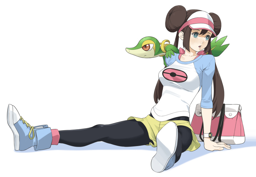 1girl absurdres arm_support back_bow bag bangs black_legwear blue_eyes blue_footwear blue_sleeves bow breasts brown_eyes brown_hair closed_mouth collarbone double_bun full_body gen_5_pokemon highres long_hair medium_breasts mei_(pokemon) open_mouth pantyhose pink_bow pink_headwear pink_legwear poke_ball_symbol poke_ball_theme pokemon pokemon_(creature) pokemon_(game) pokemon_bw2 raglan_sleeves shirt shoes short_shorts shorts simple_background sitting snivy solo_focus spread_legs teeth tied_hair turiganesou800 twintails visor_cap watch white_background white_shirt wristwatch yellow_shorts
