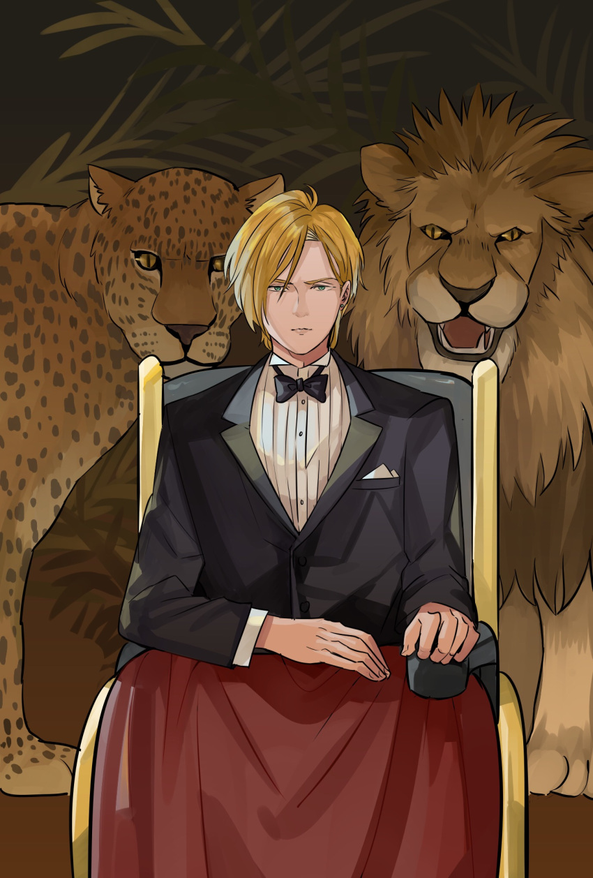 1boy animal ash_lynx banana_fish black_neckwear black_suit blonde_hair blue_eyes bow bowtie chair earrings formal highres jewelry leopard lion looking_at_viewer male_focus pocket_square sitting solo stud_earrings xiaochong