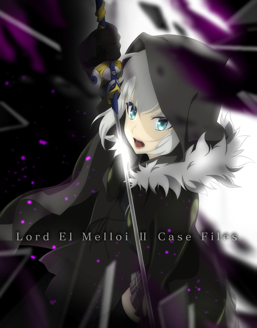 1girl absurdres bangs black_cape black_gloves black_legwear blue_eyes cape copyright_name fate_(series) gloves gray_(lord_el-melloi_ii) grey_skirt hair_between_eyes highres holding holding_sword holding_weapon hood hood_up hooded looking_at_viewer lord_el-melloi_ii_case_files miniskirt open_mouth plaid plaid_skirt pleated_skirt short_hair silver_hair skirt solo standing sword thighhighs user_smgj5887 weapon zettai_ryouiki