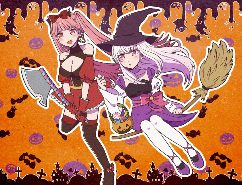 2girls axe bow breasts broom broom_riding candy cleavage dress earrings fang fire_emblem fire_emblem:_three_houses food gloves hair_bow halloween_basket halloween_costume hat highres hilda_valentine_goneril holding holding_axe hotatechoco_(hotariin) jewelry long_hair long_sleeves lysithea_von_ordelia multiple_girls open_mouth pink_eyes pink_hair red_gloves ring short_sleeves twintails white_hair white_legwear witch_hat