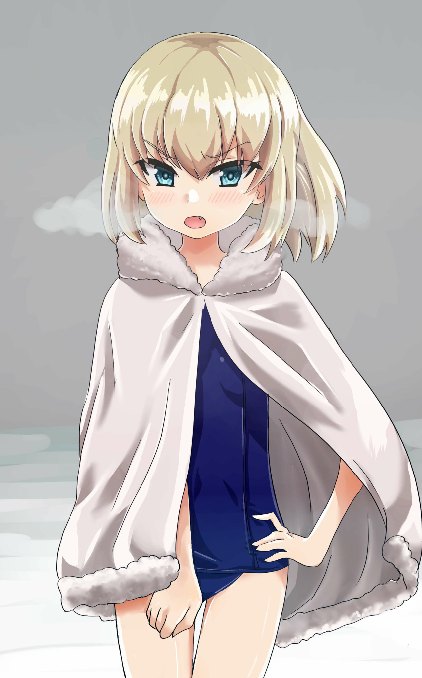 1girl absurdres bangs blonde_hair blue_eyes blue_swimsuit blush breath cape commentary cowboy_shot eyebrows_visible_through_hair fang frown fur-trimmed_cape fur_trim girls_und_panzer grey_background hand_on_hip highres katyusha kosuda looking_at_viewer old_school_swimsuit one-piece_swimsuit open_mouth school_swimsuit short_hair solo standing swimsuit v-shaped_eyebrows white_cape