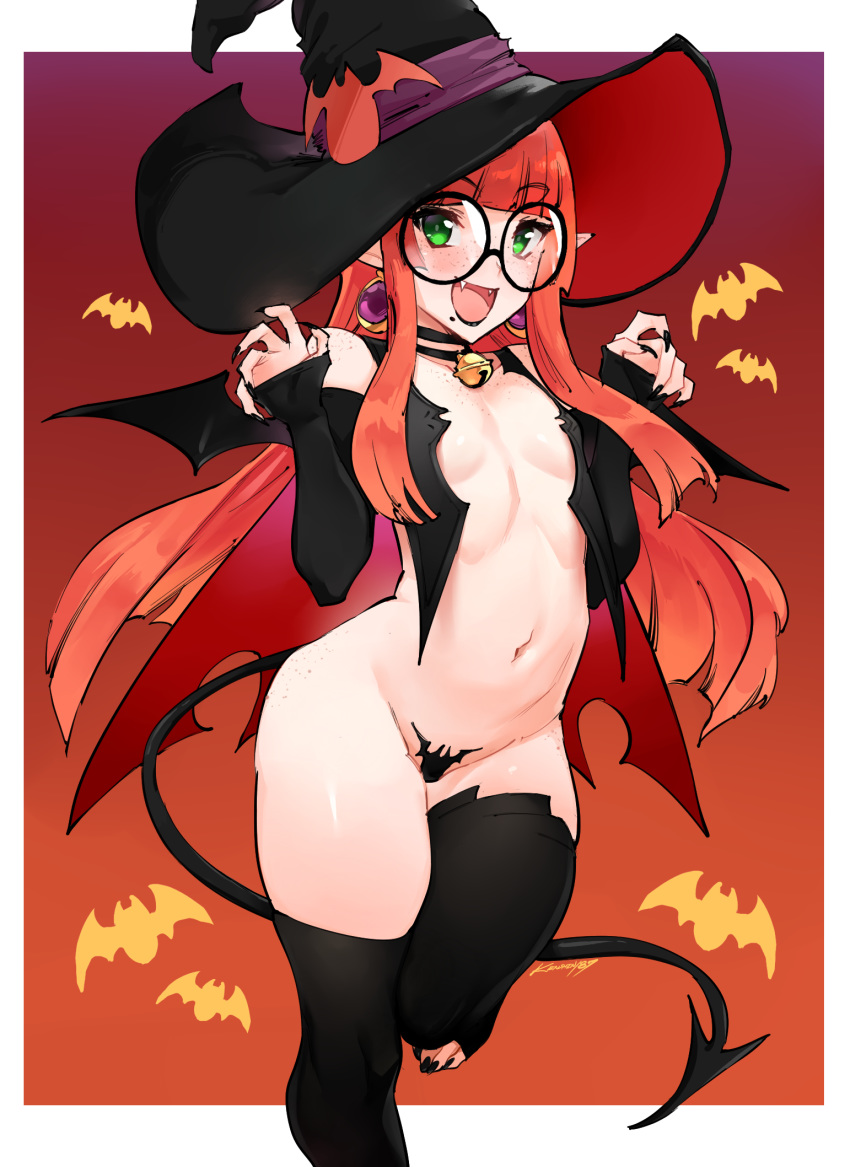 bottomless elf halloween kenshin187 maebari megane no_bra open_shirt pointy_ears tail thighhighs wings witch