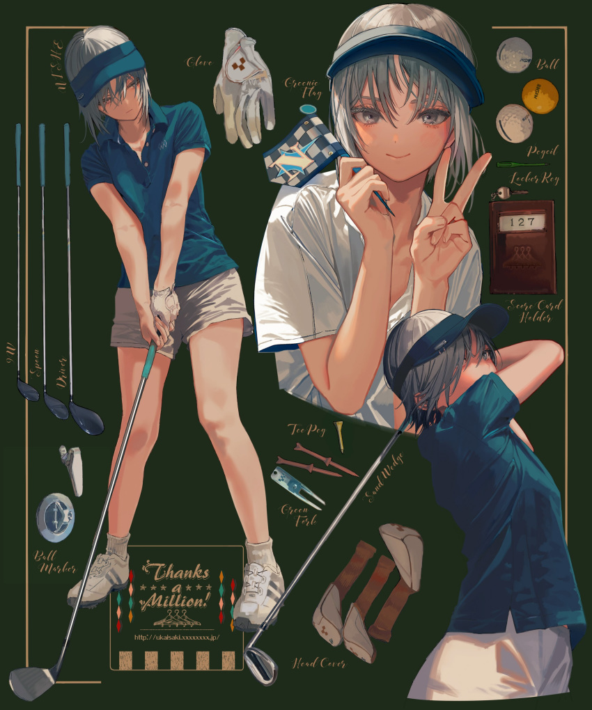 1other absurdres ambiguous_gender artist_name ball blue_shirt blush closed_mouth collared_shirt eyebrows flag gloves golf_bag golf_ball golf_club grey_hair highres holding holding_flag key looking_at_viewer looking_away original polo_shirt shirt shoes short_sleeves shorts smile sneakers socks ukai_saki v visor_cap watermark web_address white_footwear white_gloves white_legwear white_shorts