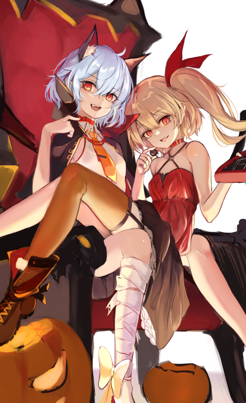 2girls alternate_costume animal_ear_fluff animal_ears bandaged_leg bandages bangs bare_shoulders blonde_hair boots box_of_chocolates cape cat_ears chair chocolate choker collarbone eyebrows_visible_through_hair fake_animal_ears fangs flandre_scarlet hair_between_eyes hair_ribbon halloween halter_top halterneck highres homo_1121 jack-o'-lantern lavender_hair looking_at_viewer multiple_girls necktie open_mouth orange_legwear orange_neckwear pumpkin red_choker red_eyes red_ribbon remilia_scarlet ribbon ribbon_choker side_ponytail sidelocks single_thighhigh sitting sitting_on_lap sitting_on_person slit_pupils smile thighhighs tied_hair touhou vampire