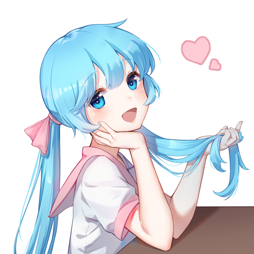 1girl 779420 :d absurdres alternate_costume blue_eyes blue_hair blush chinese_commentary commentary_request from_side hair_ribbon hand_in_hair hand_on_own_cheek hatsune_miku heart heart-shaped_pupils highres long_hair looking_at_viewer looking_to_the_side open_mouth pink_ribbon pink_sailor_collar ribbon sailor_collar shirt short_sleeves simple_background smile symbol-shaped_pupils table upper_body vocaloid white_background white_shirt