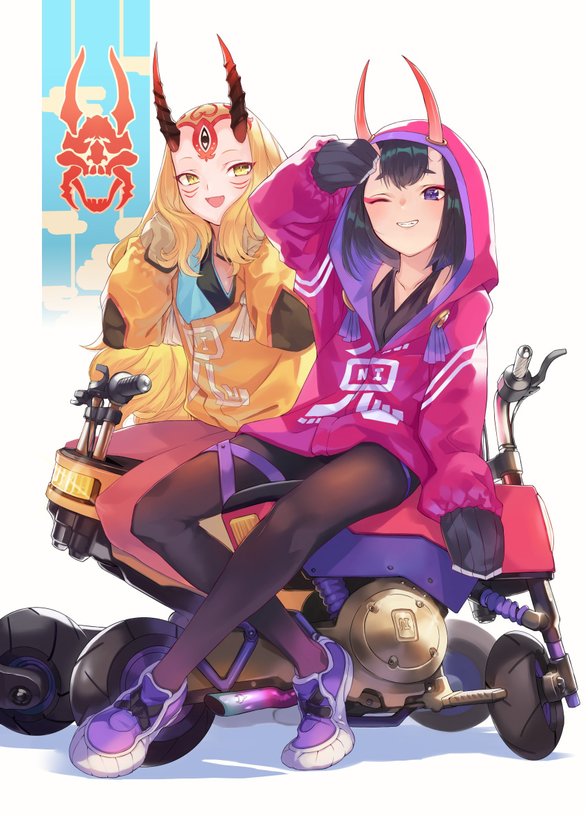 2girls absurdres alternate_costume bangs black_pants blonde_hair blush bob_cut breasts contemporary eyeliner facial_mark fate/grand_order fate_(series) forehead forehead_mark grin ground_vehicle hair_pulled_back highres hood hood_up hooded_jacket horns ibaraki_douji_(fate/grand_order) jacket long_hair long_sleeves looking_at_viewer makeup motor_vehicle motorcycle multiple_girls ohland one_eye_closed oni oni_horns pants pink_jacket purple_eyes purple_footwear purple_hair shoes short_eyebrows short_hair shuten_douji_(fate/grand_order) sitting small_breasts smile sneakers tattoo white_background yellow_eyes yellow_jacket yoga_pants