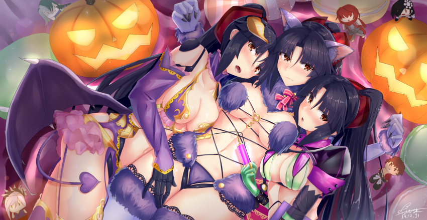 3girls android animal_ears ashiya_douman_(fate/grand_order) between_fingers bikini black_hair breasts clone commentary_request cosplay dangerous_beast demon_horns demon_tail demon_wings elbow_gloves fate/grand_order fate_(series) florence_nightingale_(fate/grand_order) florence_nightingale_(fate/grand_order)_(cosplay) fur-trimmed_gloves fur-trimmed_legwear fur_collar fur_trim fuuma_kotarou_(fate/grand_order) gloves green_bikini green_gloves green_legwear halloween halloween_costume halloween_princess_(fate/grand_order) highres holding holding_syringe horns irisviel_von_einzbern irisviel_von_einzbern_(cosplay) katou_danzou_(fate/grand_order) lace lace-trimmed_legwear layered_bikini looking_at_viewer low_wings lying mash_kyrielight mash_kyrielight_(cosplay) mecha_musume medium_breasts miyamoto_musashi_(fate/grand_order) mochizuki_chiyome_(fate/grand_order) multiple_girls navel o-ring o-ring_top on_back on_side ponytail purple_bikini purple_gloves purple_legwear revealing_clothes robot_joints rubber_gloves sebire sengo_muramasa_(fate) short_sleeves shrug_(clothing) swimsuit syringe tail trick_or_treatment wings wolf_ears yellow_eyes