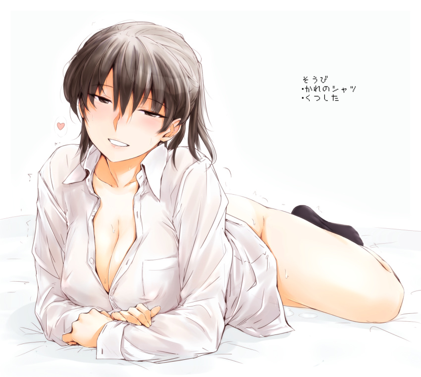 1girl amagami ambiguous_fluid bangs bed black_eyes black_hair blush bottomless breasts cleavage collarbone collared_shirt covered_nipples dress_shirt eyebrows_visible_through_hair hair_between_eyes heart highres large_breasts looking_at_viewer lying naked_shirt no_bra on_bed on_stomach open_clothes open_mouth open_shirt sasaki_akira_(ugc) see-through shirt simple_background smile socks solo sweat tan tanline tsukahara_hibiki white_background white_shirt