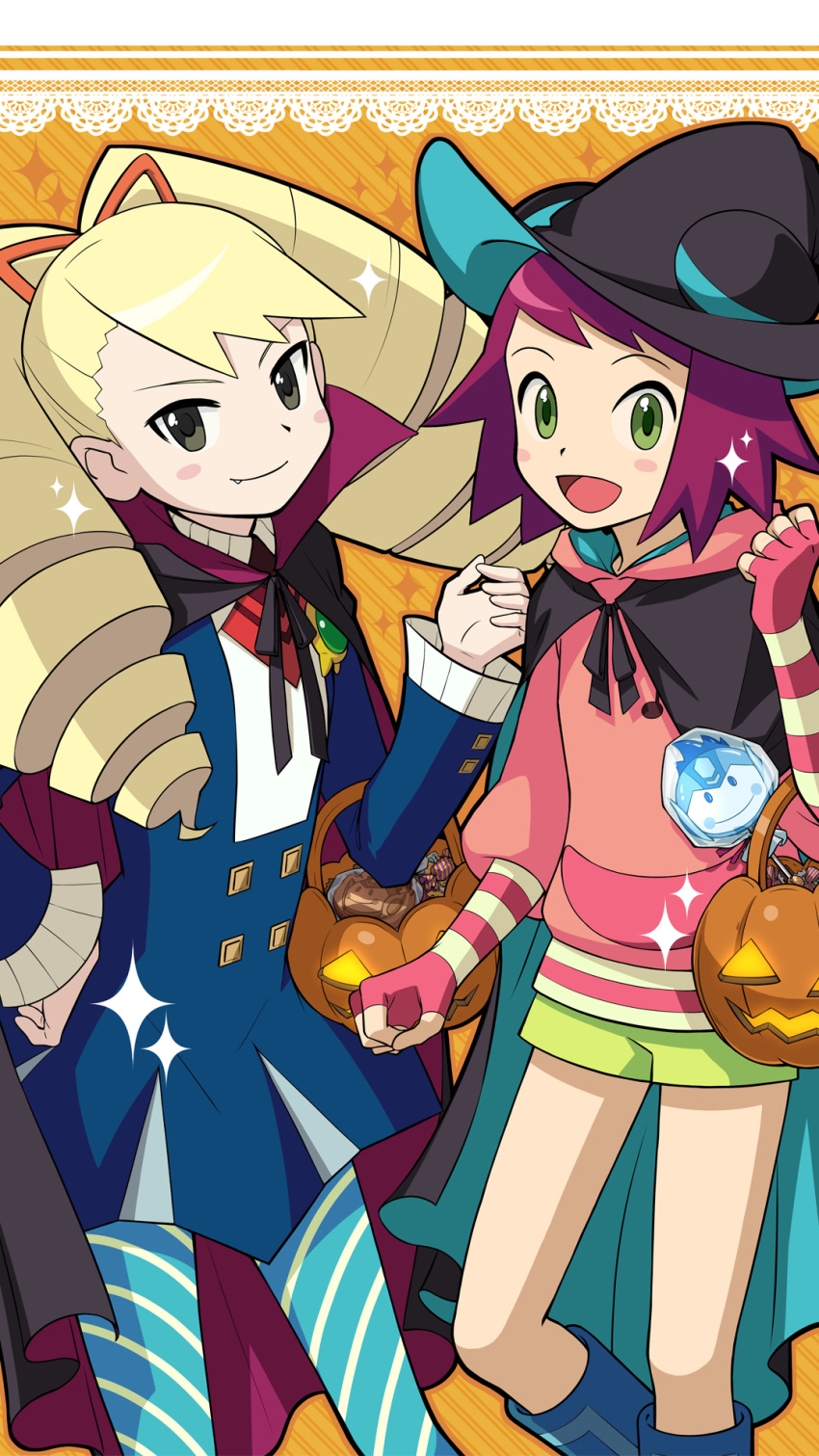 2girls artist_request bangs big_hair blonde_hair blush candy capcom cape closed_mouth drill_hair fingerless_gloves food gloves green_eyes green_shorts halloween halloween_basket hat hibiki_misora highres hood hoodie jack-o'-lantern long_hair multiple_girls official_art open_mouth pantyhose purple_hair rockman ryuusei_no_rockman shirogane_luna short_hair shorts smile striped striped_legwear twin_drills twintails witch_hat