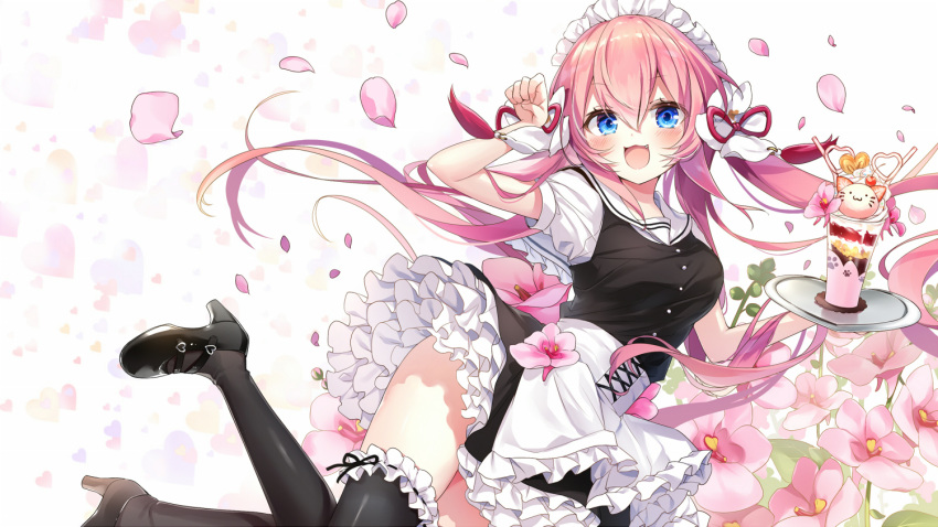 1girl :d alternate_costume apron black_dress black_footwear black_legwear blue_eyes corset diascia_(flower_knight_girl) dress emia_(castilla) enmaided floral_background flower flower_knight_girl frills hairband long_hair looking_at_viewer maid maid_headdress object_namesake open_mouth parfait paw_pose petals pink_hair sailor_collar shoes smile solo thighhighs tray twintails white_apron white_hairband white_sailor_collar zettai_ryouiki