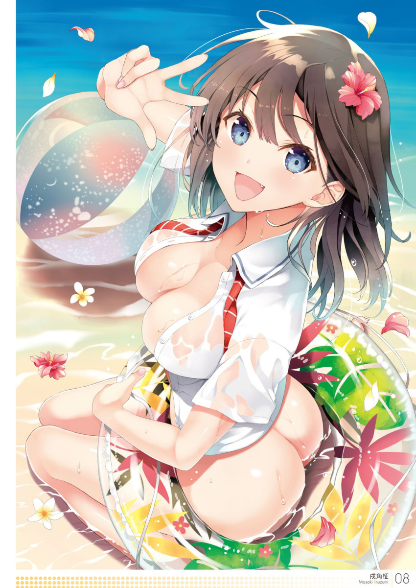 1girl :d absurdres artist_name ass bangs beach blue_eyes blush breasts brown_hair cleavage collarbone collared_shirt day dress_shirt eyebrows_visible_through_hair fang fingernails flower from_above from_behind hair_ornament hand_up hibiscus highres innertube inuzumi_masaki large_breasts long_hair looking_at_viewer nail_polish naked_shirt open_clothes open_mouth open_shirt original otona_no_moeoh outdoors page_number pink_nails red_flower red_neckwear seiza shirt short_sleeves sitting smile solo striped striped_neckwear undone_necktie w water wet wet_clothes wet_hair wet_shirt white_shirt