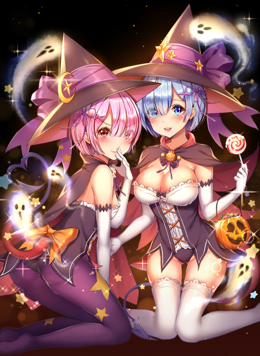 2girls ass bangs blue_eyes blue_hair blue_ribbon blush bow breasts cat_tail cleavage commentary_request elbow_gloves eyebrows_visible_through_hair eyes_visible_through_hair ghost gloves hair_ornament hair_over_one_eye hair_ribbon halloween hat highres kneeling large_bow large_breasts looking_at_viewer medium_breasts multiple_girls orange_bow pantyhose pink_eyes pink_hair pumpkin purple_bow purple_legwear queencho ram_(re:zero) re:zero_kara_hajimeru_isekai_seikatsu red_eyes rem_(re:zero) revealing_clothes ribbon short_hair siblings sisters smile tail thighhighs trick_or_treat twins white_gloves white_legwear witch witch_hat x_hair_ornament