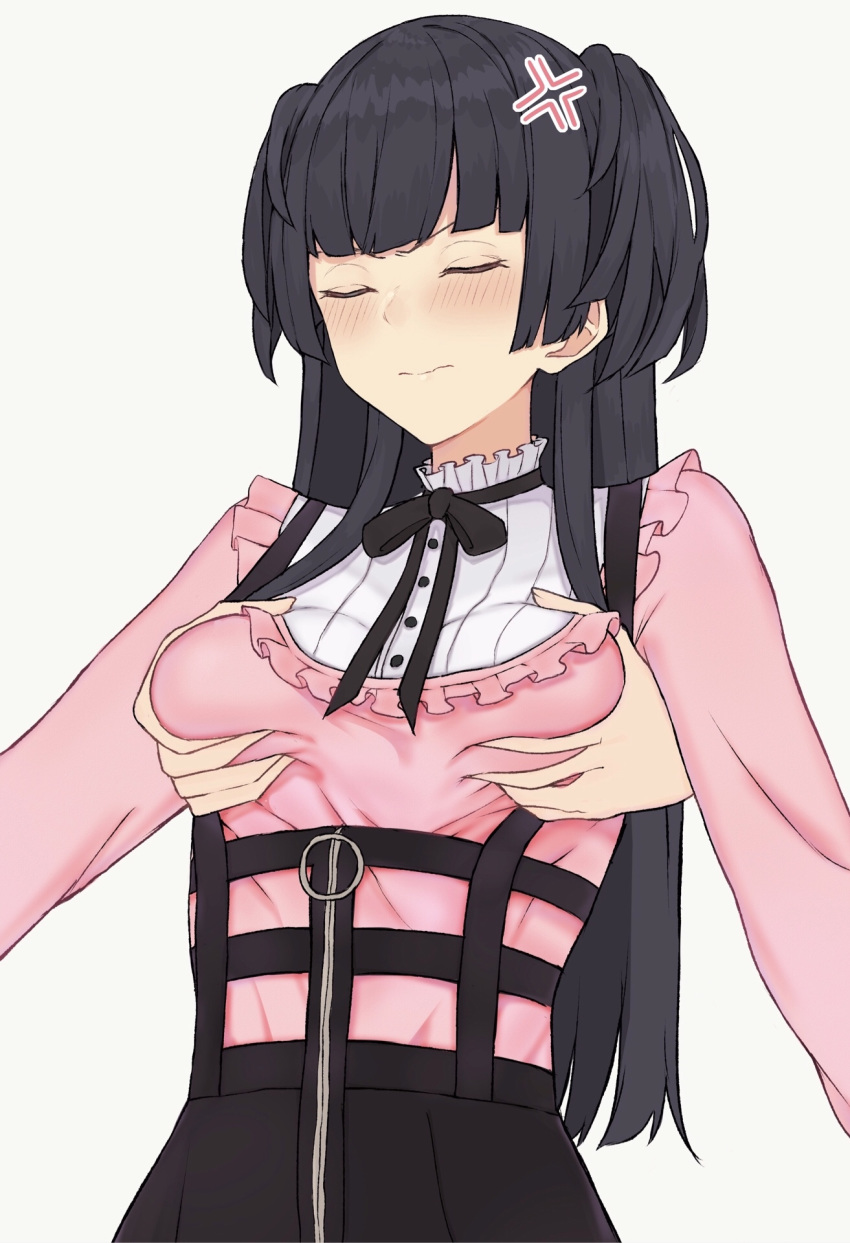 1girl anger_vein bangs black_hair black_neckwear black_ribbon black_skirt blunt_bangs blush breast_grab breasts closed_eyes closed_mouth commentary_request dera_self disembodied_limb frilled_shirt frills grabbing grabbing_from_behind grey_background groping high-waist_skirt highres idolmaster idolmaster_shiny_colors long_hair long_sleeves mayuzumi_fuyuko neck_ribbon pink_shirt ribbon shirt simple_background skirt small_breasts solo_focus suspender_skirt suspenders two_side_up upper_body v-shaped_eyebrows zipper zipper_pull_tab