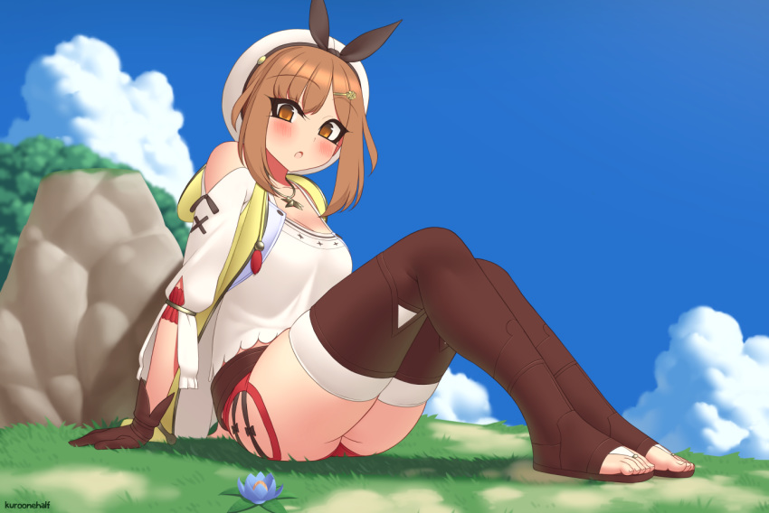 1girl :o artist_name atelier_(series) atelier_ryza bangs bare_shoulders belt blue_sky boots brown_eyes brown_footwear brown_gloves brown_hair cloud commentary day english_commentary eyebrows_visible_through_hair eyes_visible_through_hair flower gloves grass hair_ornament hairclip hat jewelry kuroonehalf looking_at_viewer medium_hair outdoors pendant reisalin_stout rock short_shorts shorts sky solo thighhighs toeless_boots white_headwear
