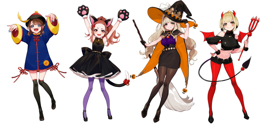 4girls :d animal_ears arm_up armpits arms_up back_bow bangs bare_shoulders bell black_bow black_cape black_dress black_footwear black_gloves black_headwear black_legwear black_shirt black_shorts black_skirt blue_dress blue_eyes blue_nails blush boots bow breasts broom brown_eyes brown_hair brown_legwear cape cat_ears cat_girl cat_tail demon_girl demon_horns demon_tail demon_wings dress earrings eyebrows_behind_hair eyebrows_visible_through_hair facial_mark fingernails forehead fur-trimmed_gloves fur_trim gloves hair_bow hair_intakes half_gloves hand_on_headwear hand_on_hip hat heart high_heels high_ponytail highres holding holding_broom horns jack-o'-lantern jewelry jiangshi jingle_bell kaname_mahiro large_breasts leaning_forward legwear_under_shorts light_brown_hair long_hair long_sleeves looking_at_viewer marinasu_(kari) medium_breasts midriff multicolored multicolored_cape multicolored_clothes multiple_girls nail_polish navel ofuda open_mouth orange_cape otonoha_naho outstretched_arms pantyhose parted_bangs parted_lips paw_gloves paws pencil_skirt polearm ponytail puffy_short_sleeves puffy_sleeves purple_legwear purple_shirt qing_guanmao red_bow red_headwear red_legwear red_wings ribbed_shirt round_teeth shirt shoes short_dress short_hair short_shorts short_sleeves shorts shoulder_cutout simple_background skirt sleeveless sleeveless_dress sleeves_past_wrists smile standing standing_on_one_leg suzuna_subaru tail tail_bell tail_bow teeth thighhighs thighhighs_under_boots touma_rin trident upper_teeth v-shaped_eyebrows very_long_hair weapon white_background wings witch_hat yuu_(higashi_no_penguin)