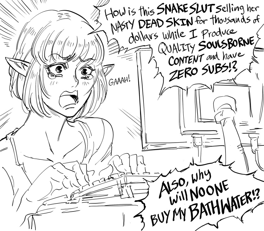 1girl angry bb_(baalbuddy) belle_delphine collarbone computer elf english_text highres keyboard_(computer) monitor monochrome original pointy_ears sketch solo speech_bubble tears typing