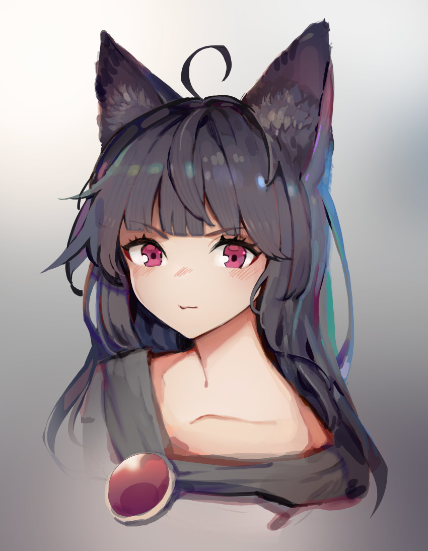 1girl absurdres ahoge animal_ear_fluff animal_ears bangs black_hair blush brooch collarbone commentary_request cropped_shoulders eyebrows_visible_through_hair grey_background highres imaizumi_kagerou jewelry long_hair looking_at_viewer onion_(onion_and_pi-natto) portrait red_eyes solo touhou wolf_ears