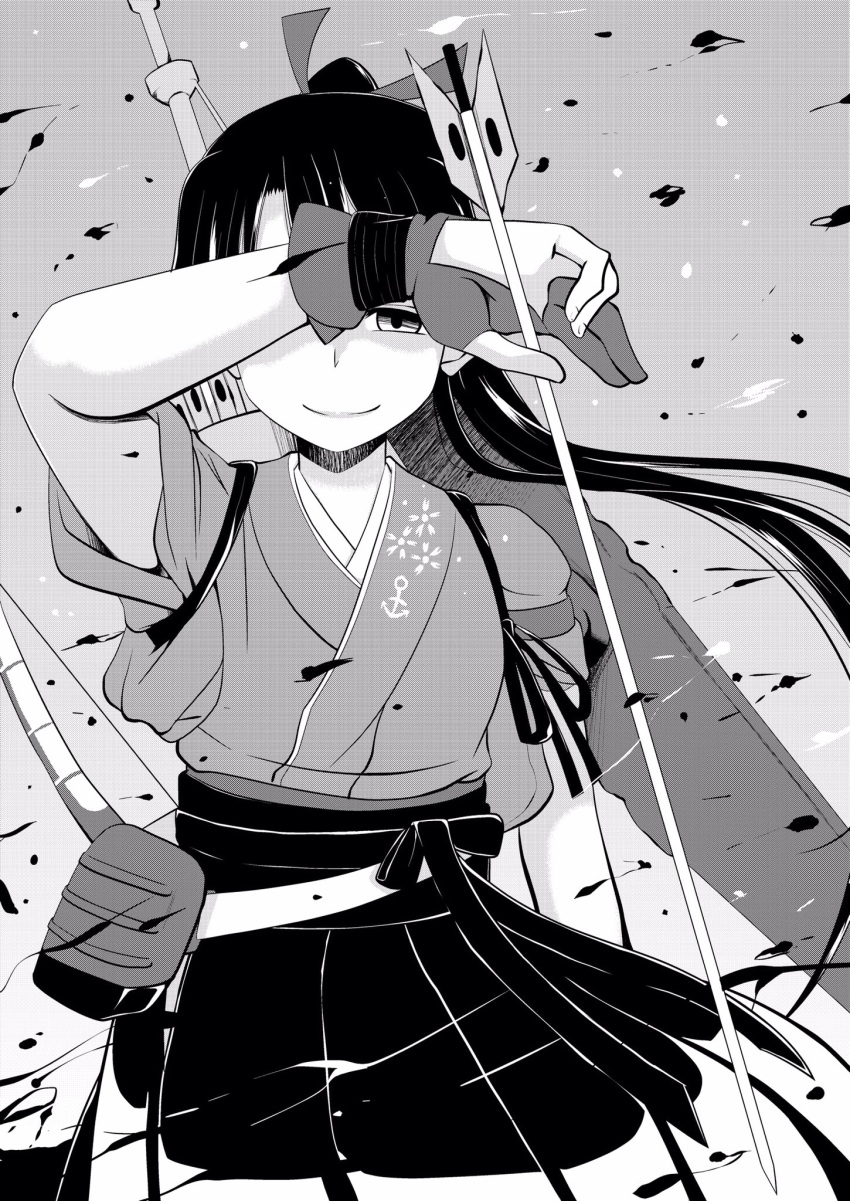 1girl anchor_symbol arrow bow_(weapon) flight_deck gloves greyscale hakama highres houshou_(kantai_collection) imagawa_akira japanese_clothes kantai_collection long_hair mast monochrome one_eye_covered partly_fingerless_gloves pleated_skirt ponytail skirt smile solo upper_body weapon yugake