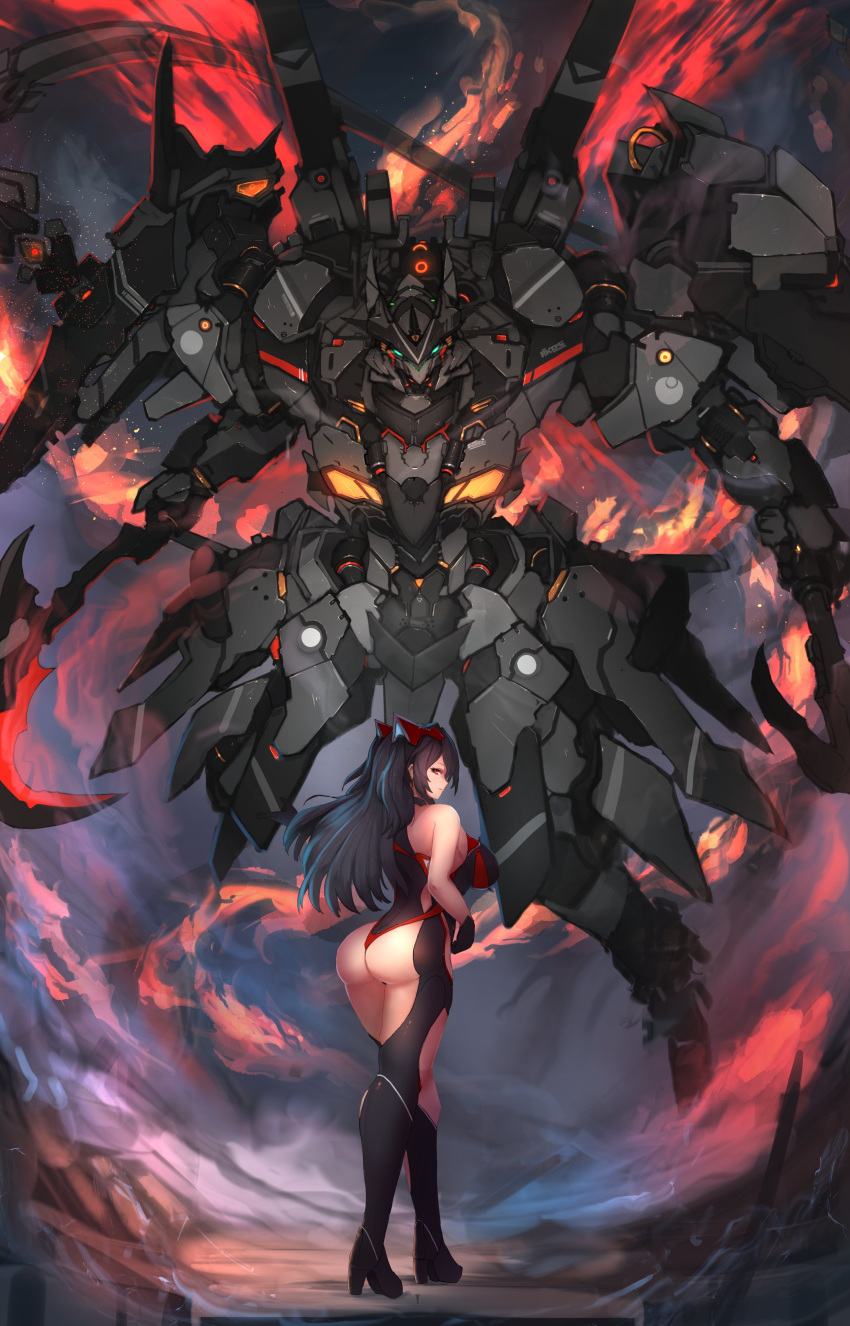 1girl absurdres ass bangs bare_shoulders black_footwear black_gloves black_hair bodysuit boots breasts choker cloud commission fire full_body gloves headgear high_heel_boots high_heels highres large_breasts long_hair looking_at_viewer looking_back mecha original partial_bodysuit robot scythe sidelocks smile smoke solo syaha two_side_up