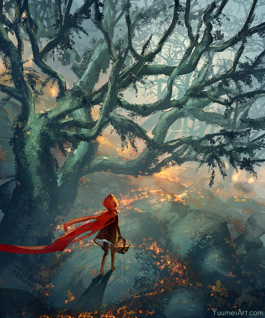 1girl basket black_legwear cloak day forest from_above from_behind halloween highres hood hood_up hooded_cloak little_red_riding_hood little_red_riding_hood_(grimm) nature overcast red_cloak red_hood solo tree walking watermark web_address wenqing_yan wind