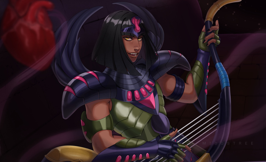 1boy armor bishounen black_hair black_nails blunt_bangs blunt_ends bob_cut dark-skinned_male dark_skin fang fingernails floating floating_object floating_organs green_armor harp heart_(organ) highres holding holding_harp holding_instrument instrument looking_at_viewer male_focus metal_wings midostree-art music nail_polish open_mouth pauldrons playing_instrument purple_armor saint_seiya short_hair shoulder_armor solo specter_(saint_seiya) sphinx_pharaoh two-tone_armor upper_body very_dark_skin yellow_eyes