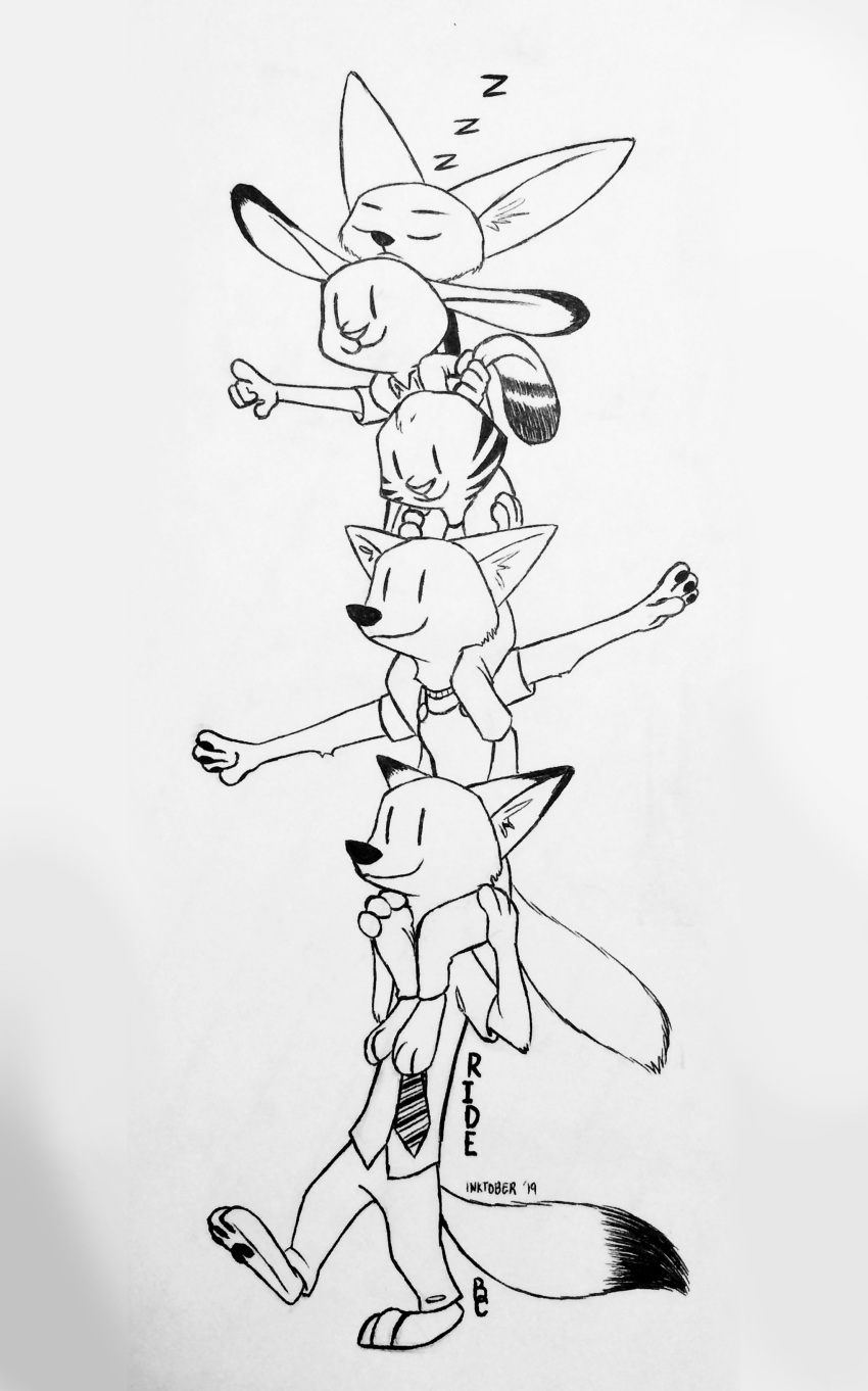 2019 absurd_res ambiguous_gender anthro arctic_fox barefoot black_and_white bottomwear canid canine carrying clothed clothing dipstick_ears dipstick_tail disney ear_grab ear_markings facial_markings fennec finnick fox fully_clothed gesture group head_markings hi_res inktober inner_ear_fluff judy_hopps lagomorph leporid mammal markings monochrome multicolored_ears multicolored_tail necktie nick_wilde on_shoulders pants pawpads pointing rabbit shirt simple_background size_difference skye_(zootopia) sleeping smile sound_effects stack stripes theblueberrycarrots topwear tuft vertical_bar_eyes walking white_background zootopia zzz