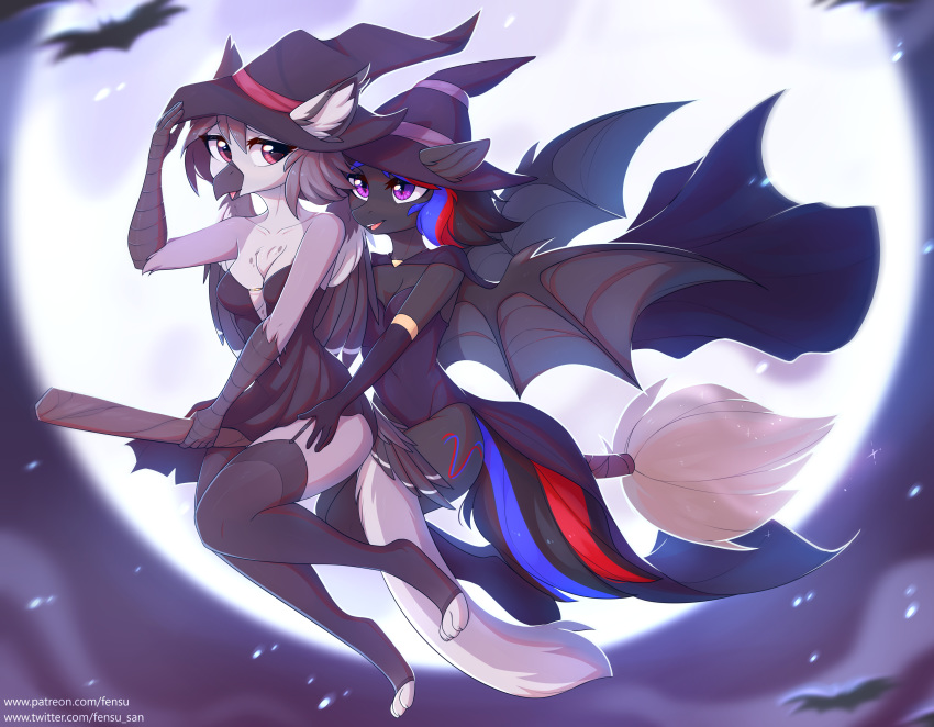 2019 absurd_res anthro avian beak breasts broom chiropteran clothed clothing cutie_mark digital_media_(artwork) duo fan_character feathered_wings feathers female fensu-san full_moon hat headgear headwear hi_res legwear mammal membrane_(anatomy) membranous_wings moon my_little_pony text url wings witch_hat