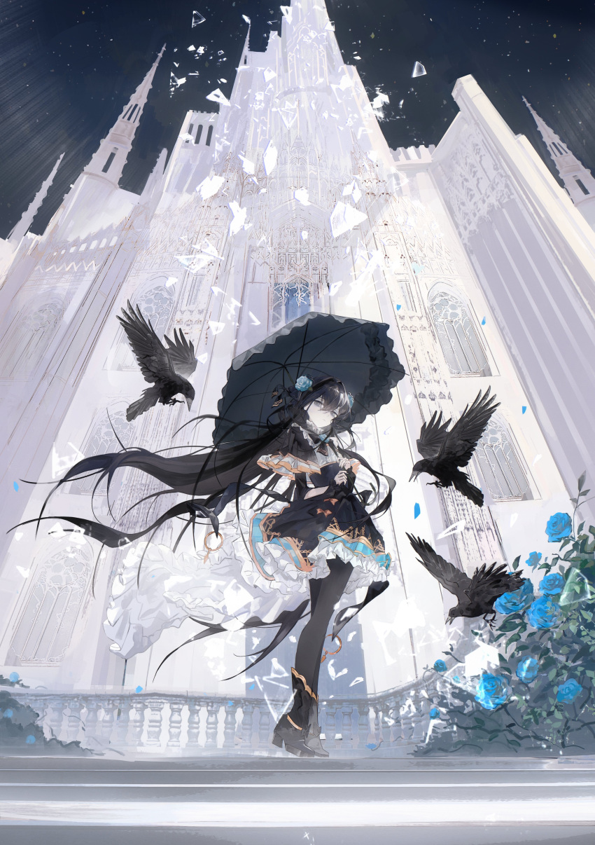 1girl absurdres aqua_flower aqua_rose arcaea arm_cutout axleaki bird black_boots black_bow black_capelet black_dress black_hair black_nails black_pantyhose black_umbrella blue_eyes blue_flower blue_rose boots bow bowtie brooch capelet closed_mouth clothing_cutout corset crossed_bangs crow dress expressionless falling_petals flat_chest floating_hair flower flower_brooch frilled_dress frilled_umbrella frills full_body glass_shards gold_trim hair_flower hair_ornament hashtag-only_commentary highres holding holding_umbrella jewelry lace-trimmed_umbrella long_hair long_sleeves looking_at_viewer nail_polish neck_flower night night_sky outdoors palace pantyhose petals pleated_capelet rose sidelocks sky solo stairs standing tairitsu_(arcaea) tairitsu_(grievous_lady)_(arcaea) umbrella very_long_hair wind