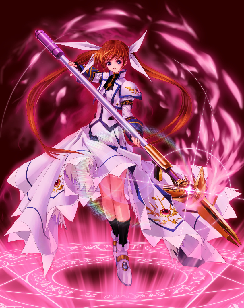 1girl absurdres black_legwear brown_hair full_body glint highres huge_filesize kneehighs lance looking_at_viewer lyrical_nanoha magic_circle magical_girl mahou_shoujo_lyrical_nanoha_strikers octagram polearm raising_heart rod solo source_request standing star_of_lakshmi takamachi_nanoha tom_(1art.) twintails weapon