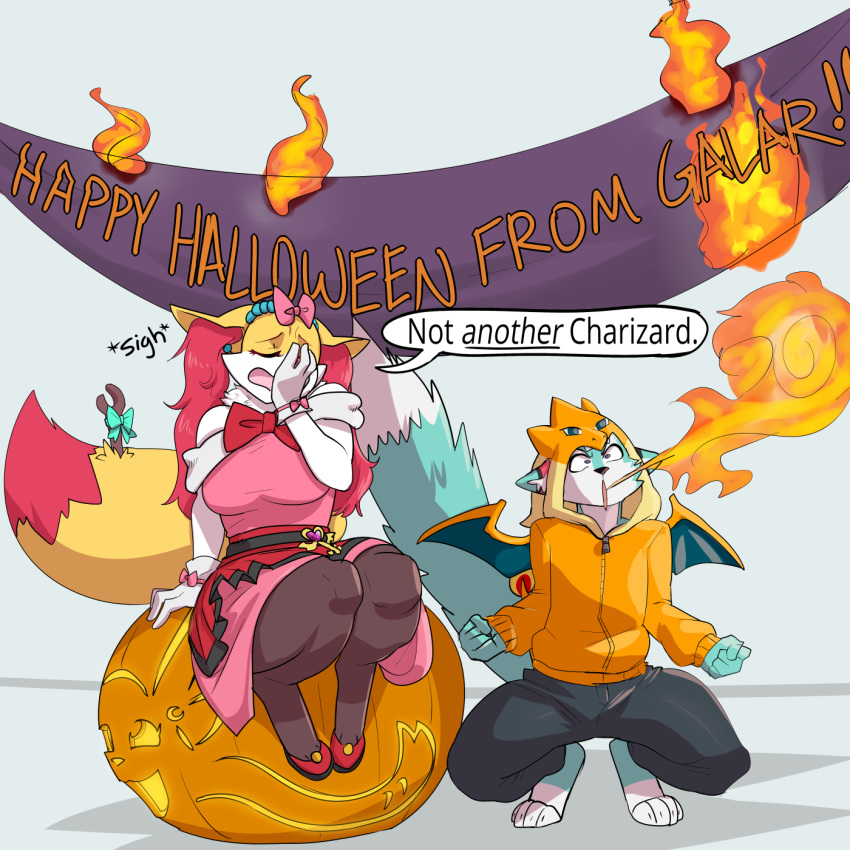 1:1 2019 6my banner blue_body blue_fur bottomwear braixen breasts breath_powers canid canine charizard clothing cosplay crouching dialogue dipstick_tail dress duo english_text facepalm fan_character female fire fire_breathing food footwear fox fruit fur gloves halloween handwear headgear headwear hi_res high_heels holidays hoodie inner_ear_fluff legwear male mammal multicolored_tail nintendo open_mouth pants plant pok&eacute;mon pok&eacute;mon_(species) pumpkin ribbons roflfox seraphine_(roflfox) serena_(pok&eacute;mon) shoes sitting speech_bubble stick stockings text topwear tuft video_games white_body white_fur yellow_body yellow_fur