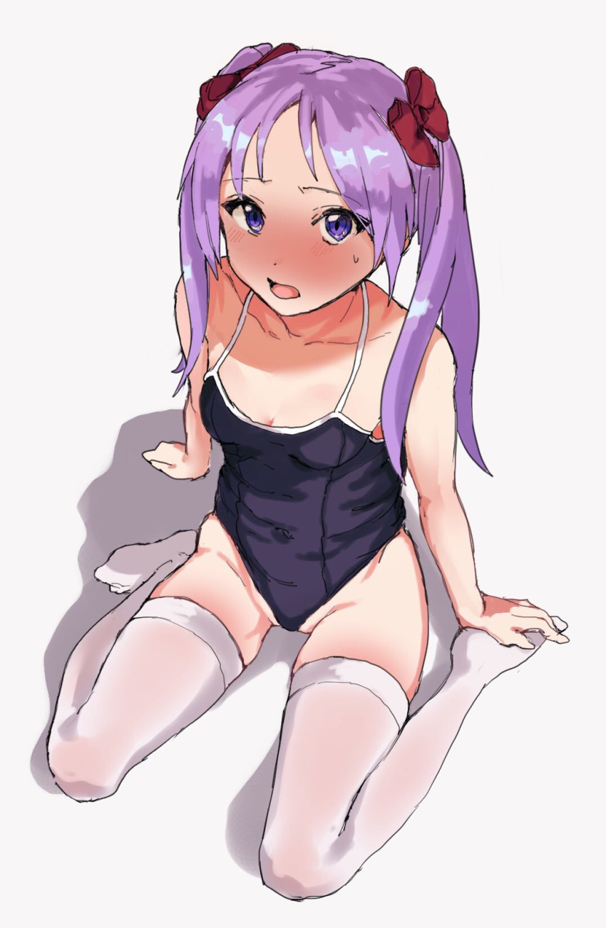 1girl blue_swimsuit blush bow breasts covered_navel hair_bow highres hiiragi_kagami inchore long_hair lucky_star navel one-piece_swimsuit one_eye_closed open_mouth purple_eyes purple_hair red_bow school_swimsuit sketch small_breasts solo swimsuit thighhighs twintails water white_legwear