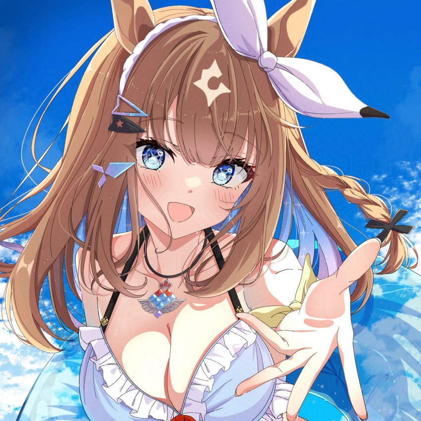 1girl :d almond_eye_(umamusume) bikini blue_bikini blue_eyes blue_hair blue_innertube blue_sky blush breasts brown_hair cleavage cloud colored_inner_hair commentary curled_fingers day frilled_bikini frills hairband halterneck heart heart_in_eye highres holding holding_swim_ring juri-arima large_breasts long_hair looking_at_viewer multicolored_hair offering_hand open_mouth outstretched_arm purple_hair sky smile solo star-shaped_pupils star_(symbol) swim_ring swimsuit symbol-shaped_pupils symbol_in_eye transparent_innertube umamusume unfinished upper_body white_hairband