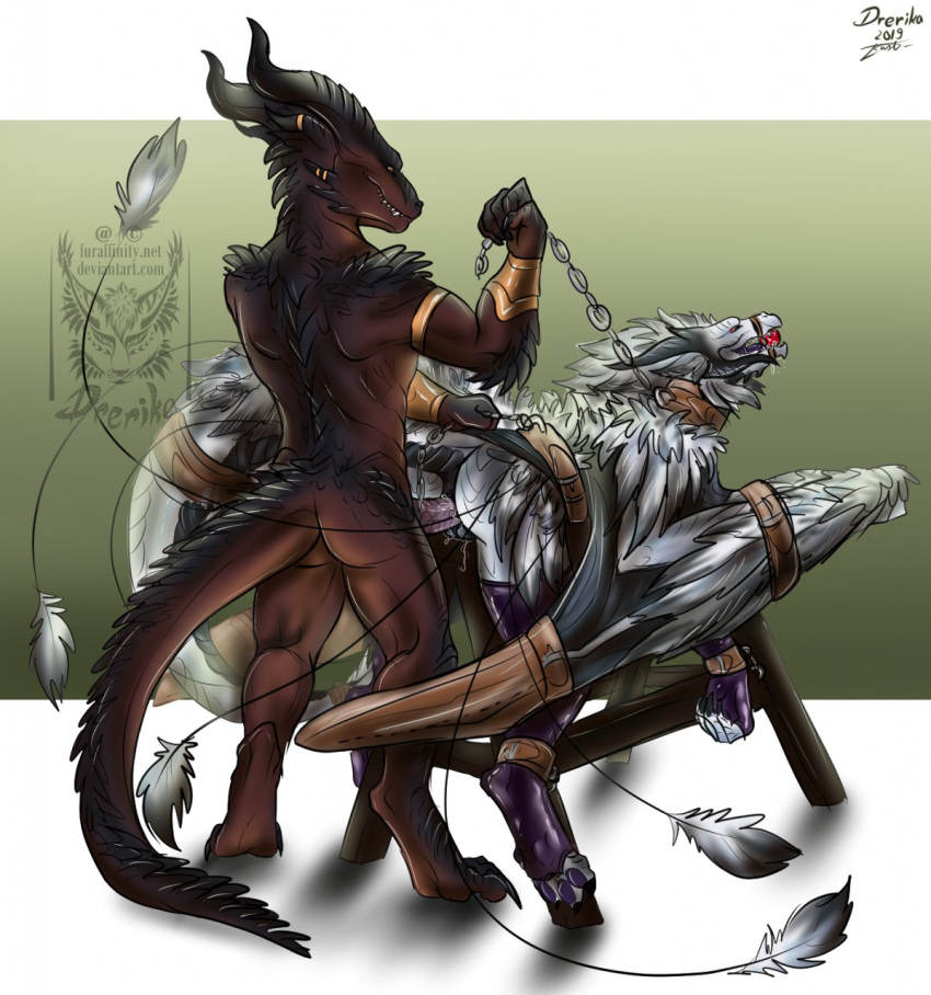 2019 4_toes 5_fingers anthro anthro_on_feral anthro_penetrating anthro_penetrating_feral bdsm bestiality bondage bound digital_media_(artwork) dragon drerika female female_penetrated feral feral_penetrated fingers fur furred_dragon gag hi_res horn male male/female male_penetrating male_penetrating_female penetration sex standing toes wingless_dragon