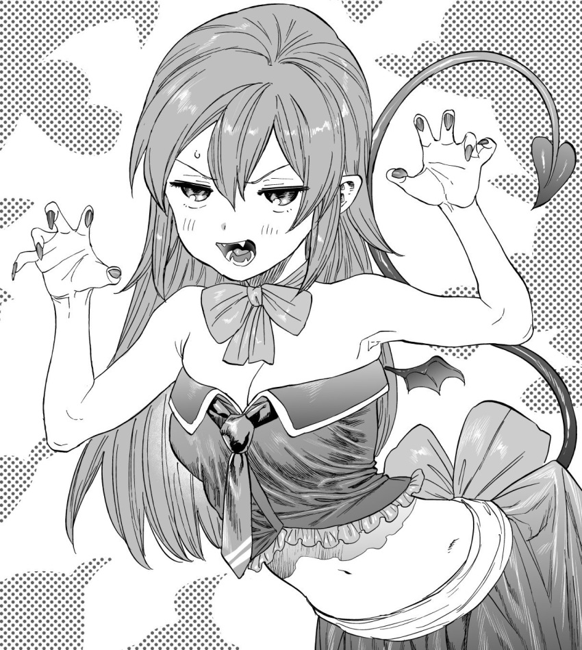 1girl alternate_breast_size alternate_hairstyle bare_arms bare_shoulders bat_wings black_dress blush bow bowtie breasts bustier choker claw_pose cleavage collarbone commentary_request corset costume demon_tail dress eyebrows_visible_through_hair fangs fingernails greyscale hair_down halloween highres igarashi_futaba_(shiromanta) kimidake looking_at_viewer medium_breasts medium_hair midriff monochrome navel neck_ribbon open_mouth outstretched_hand paw_pose pointy_ears ribbon ribbon_choker senpai_ga_uzai_kouhai_no_hanashi sharp_fingernails sleeveless solo tail vampire vampire_costume wings