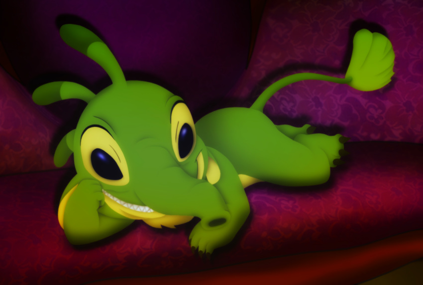 2019 3_toes 4_fingers alien amegared antennae_(anatomy) claws digital_media_(artwork) dipstick_antennae disney experiment_(lilo_and_stitch) felix_(lilo_and_stitch) fingers fur furniture green_body green_claws green_fur grin lilo_and_stitch looking_at_viewer multicolored_antennae pose seductive smile sofa solo toe_claws toes trunk