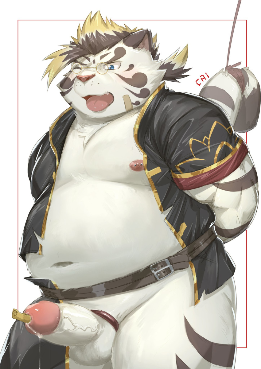 2019 anthro balls belly blue_eyes blush bound cai1448331577 erection eyewear felid fur glasses hi_res humanoid_penis licho_(tas) male mammal moobs navel nipples overweight overweight_male pantherine penetration penis solo tiger tokyo_afterschool_summoners tongue tongue_out urethral urethral_penetration video_games white_body white_fur