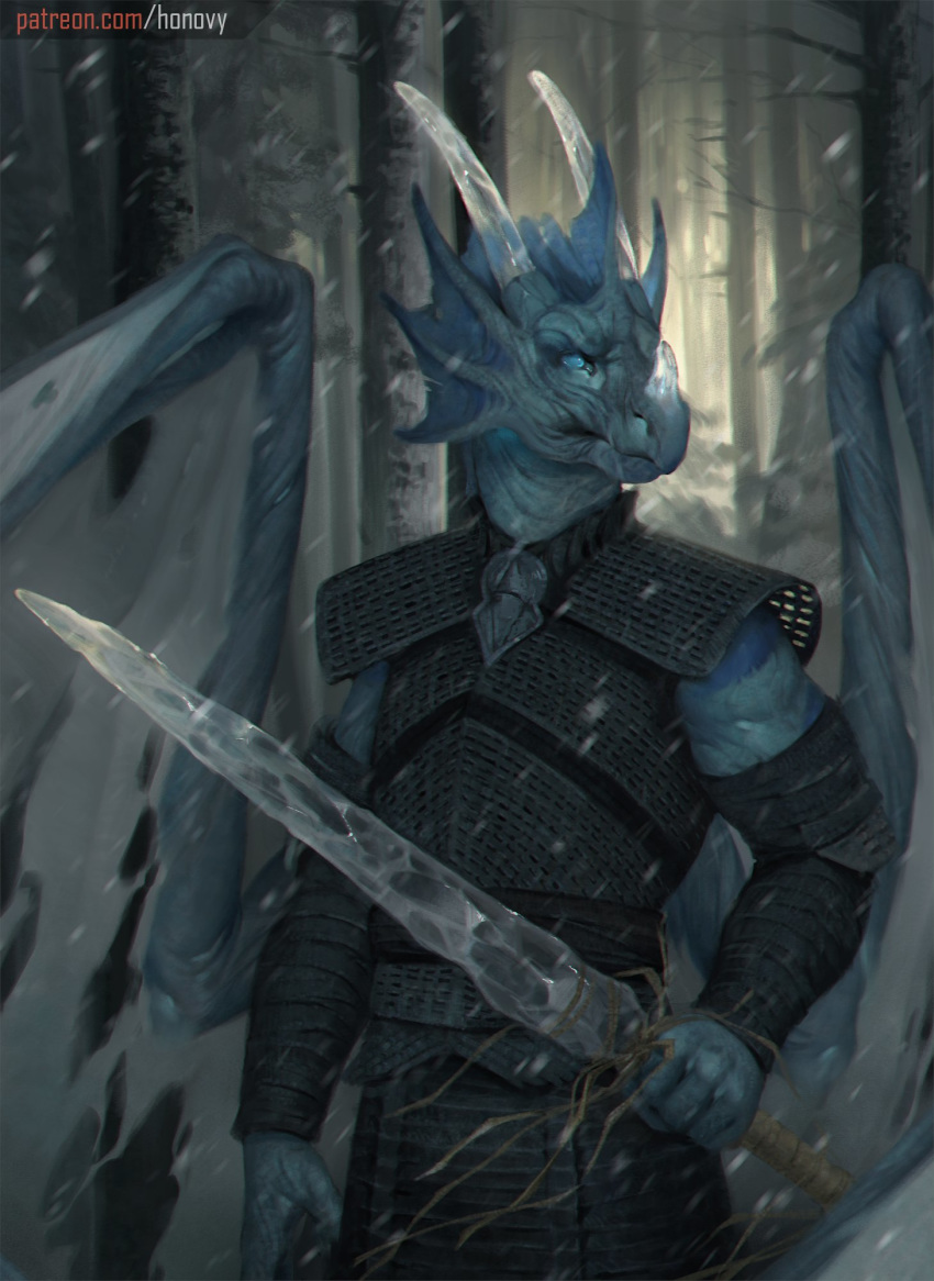 2019 5_fingers anthro blue_body blue_eyes blue_skin day detailed_background digital_media_(artwork) dragon fingers forest game_of_thrones hi_res holding_object holding_sword holding_weapon honovy horn male melee_weapon membrane_(anatomy) membranous_wings outside scalie snow snowing solo spines standing sword tree undead weapon western_dragon wings