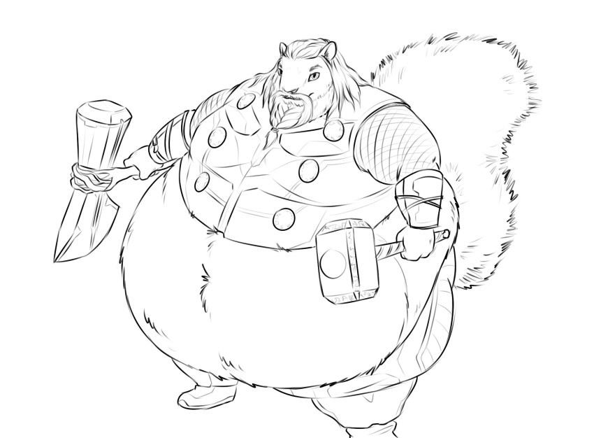 anthro beard belly big_belly black_and_white caligari clothed clothing costume facial_hair fur hammer hi_res holding_object holding_weapon male mammal marvel midriff monochrome moobs obese obese_male overweight overweight_male rodent sciurid solo standing sugarboy thick_thighs thor_(marvel) tools tree_squirrel weapon