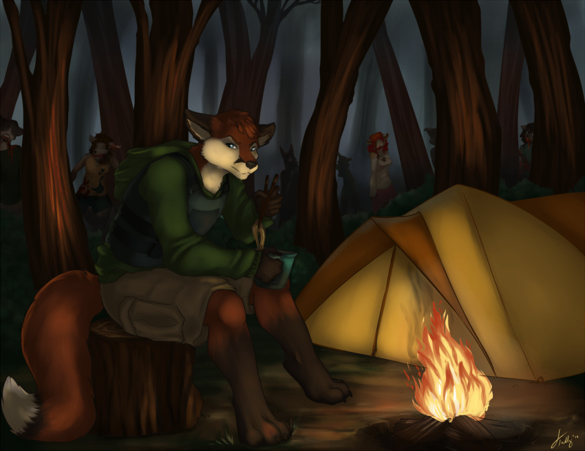 2013 4_toes 5_fingers anthro armor barefoot black_nose blood blue_eyes bodily_fluids bottomwear brown_body brown_fur campfire canid canine cheek_tuft chopsticks claws clothed clothing cup detailed_background digital_media_(artwork) dipstick_tail ears_down eyebrows face_tuft female fingers fire firetally flak_jacket fluffy fluffy_tail food forest fox fully_clothed fur gore green_clothing green_hoodie green_topwear group head_tuft holding_cup holding_object hoodie looking_aside male mammal multicolored_tail night noodles orange_body orange_fur outside pivoted_ears plant red_fox shorts shrub signature sitting solo_focus tent toe_claws toes topwear tree tree_stump tuft undead white_body white_fur zombie