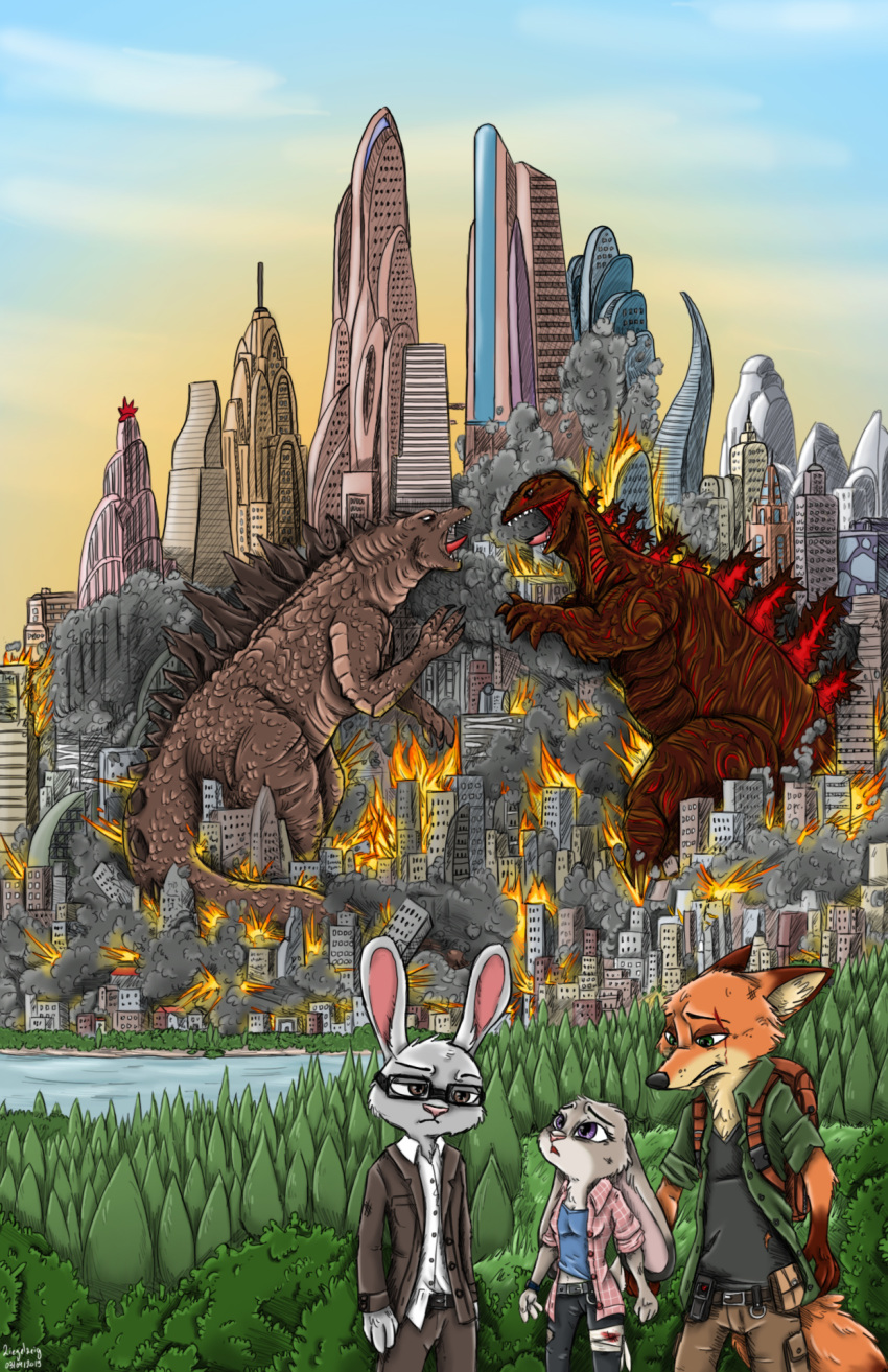 backpack blood bodily_fluids building canid canine city crossover destruction disney eyewear fanfiction fire forest fox glasses godzilla godzilla_(series) green_eyes hi_res houses judy_hopps lagomorph leporid lizard macro mammal nick_wilde purple_eyes rabbit reptile riot river scalie shin_godzilla smoke toho towers town tree wounded ziegelzeig zootopia