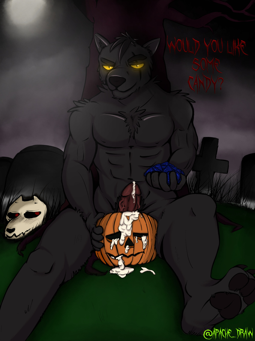 2019 anthro apache_(artist) biceps bodily_fluids canid canine canis cum digital_media_(artwork) erection food fruit genital_fluids halloween hi_res holidays jack-o'-lantern looking_at_viewer male mammal masturbation muscular muscular_male nipples nude penile penile_masturbation penis plant pumpkin smile solo wolf