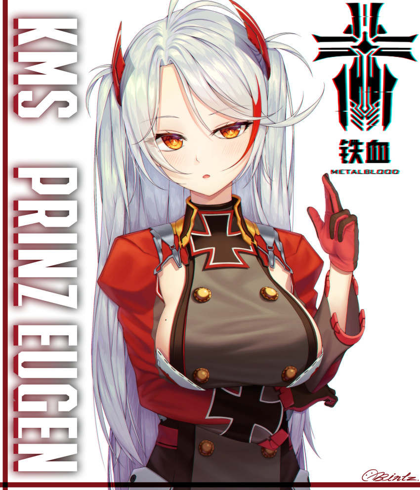 1girl :o absurdres azur_lane bangs blush breast_hold breasts brown_eyes character_name double-breasted eyebrows_visible_through_hair gloves hand_up highres iron_cross large_breasts long_hair long_sleeves looking_at_viewer military military_uniform mole mole_on_breast multicolored_hair orange_eyes parted_lips prinz_eugen_(azur_lane) red_gloves red_hair sideboob signature silver_hair simple_background sog-igeobughae solo streaked_hair swept_bangs two_side_up uniform upper_body very_long_hair white_background