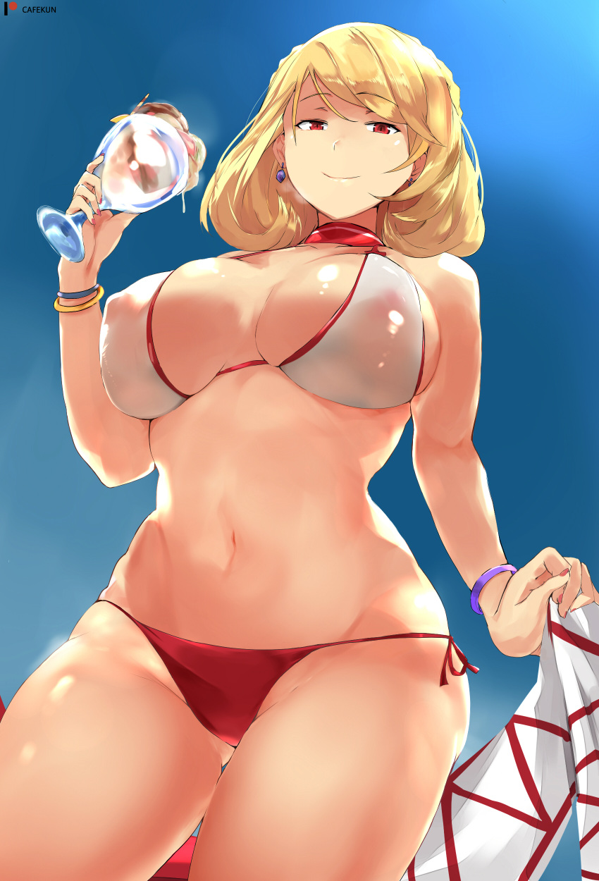 1girl absurdres azur_lane bangs bikini blonde_hair blue_sky blush bracelet braid breasts cafekun choker collarbone commentary_request covered_nipples cowboy_shot crown_braid cup day earrings flower french_braid from_below highres holding holding_cup holding_towel jewelry large_breasts looking_at_viewer outdoors prince_of_wales_(azur_lane) prince_of_wales_(windsor_sun)_(azur_lane) red_eyes revision short_hair sky smile solo swimsuit thighs towel