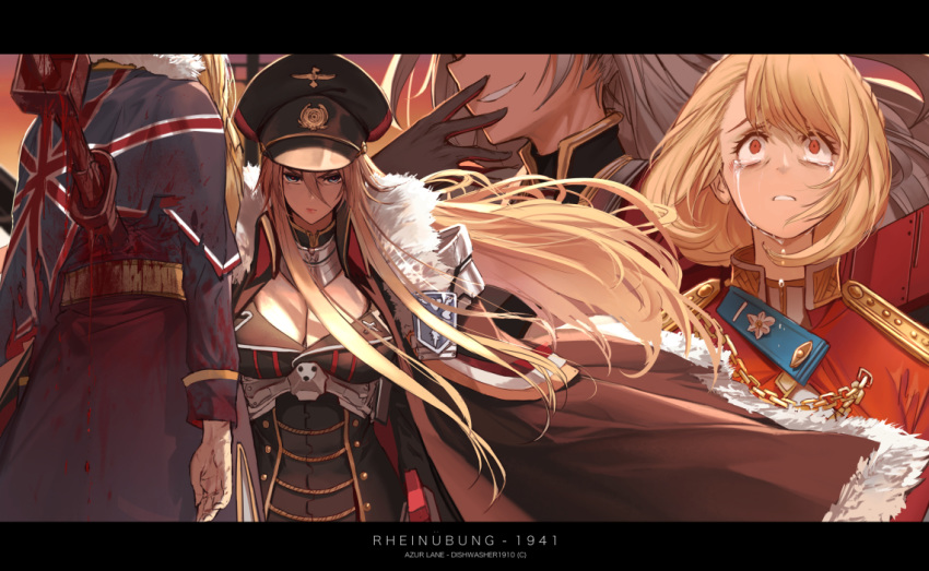 4girls azur_lane bangs bismarck_(azur_lane) bleeding blonde_hair blood blue_dress blue_eyes braid breasts cape capelet cleavage commentary crown_braid crying crying_with_eyes_open despair dishwasher1910 dress english_commentary expressionless floating_hair fur_trim gloves grin hair_between_eyes hair_over_shoulder hand_to_own_mouth hat holding holding_weapon hood_(azur_lane) impaled large_breasts letterboxed long_hair looking_at_viewer military military_uniform multiple_girls open_mouth outdoors peaked_cap prince_of_wales_(azur_lane) prinz_eugen_(azur_lane) red_eyes serious short_hair sidelocks silver_hair smile sunset tears two_side_up uniform union_jack very_long_hair weapon wind