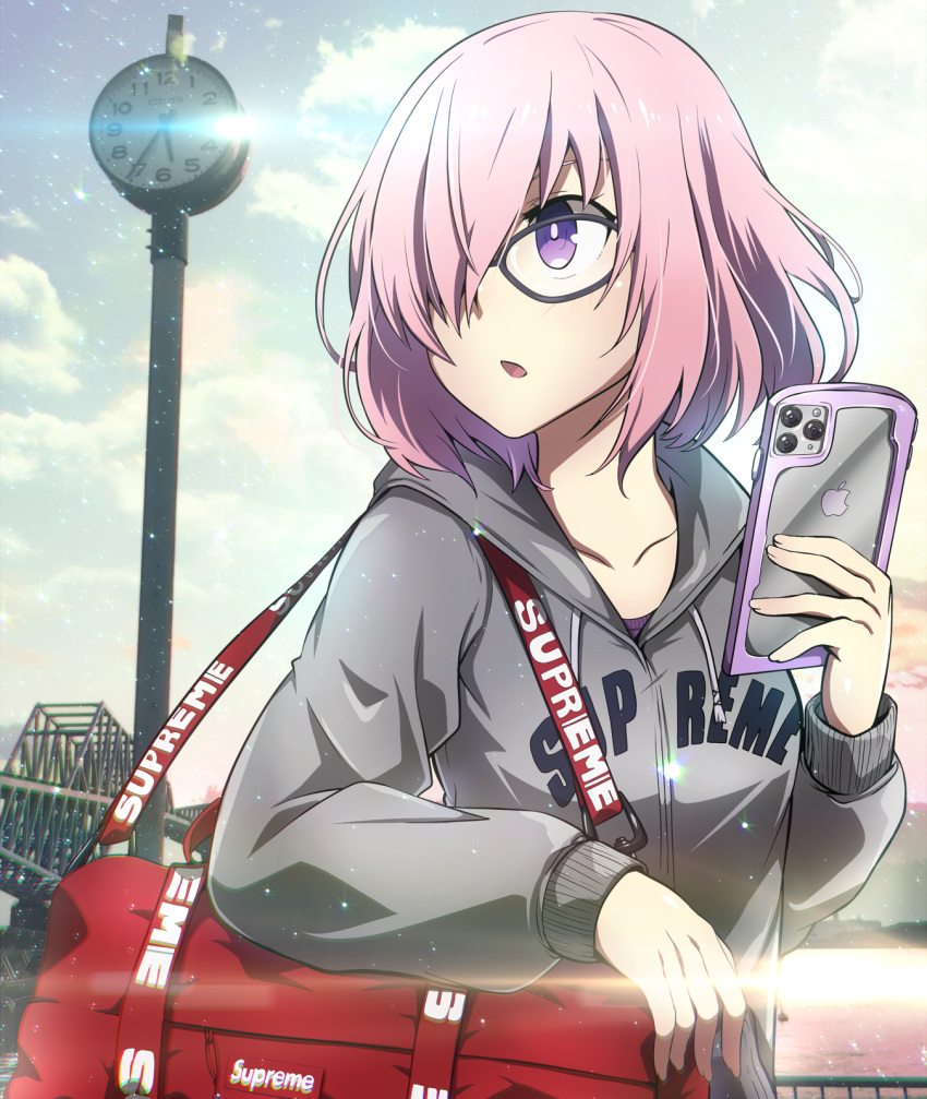 1girl :o alternate_costume bag black-framed_eyewear blue_sky bright_pupils casual cellphone clock collarbone day drawstring duffel_bag fate/grand_order fate_(series) glasses grey_jacket hair_over_one_eye highres holding holding_cellphone holding_phone hood hood_down hooded_jacket iphone jacket lens_flare long_sleeves looking_away looking_to_the_side mash_kyrielight open_mouth outdoors parted_lips phone pink_hair purple_eyes revision short_hair sky smartphone solo sunlight tom_(drpow) upper_body