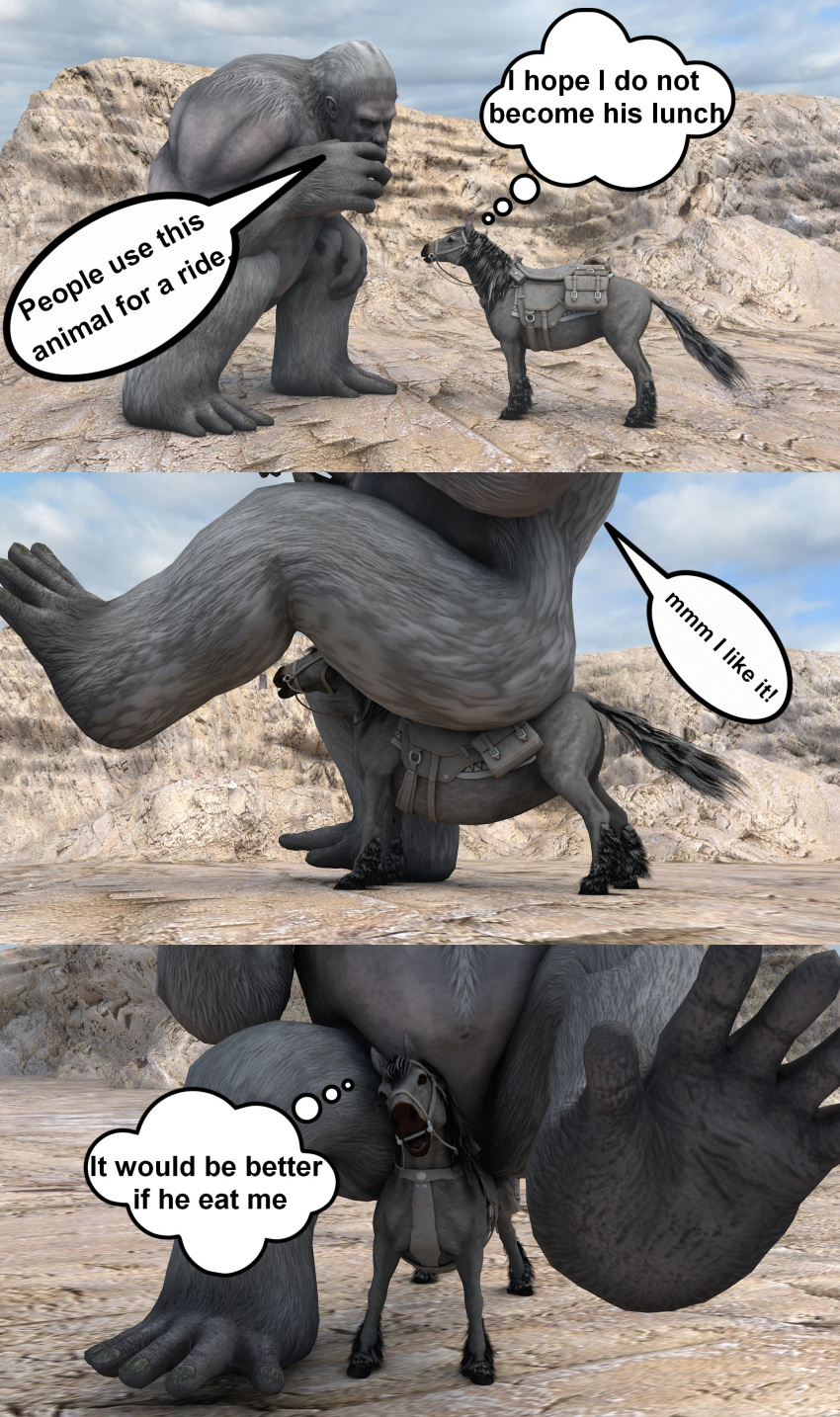 2019 3d_(artwork) 5_fingers 5_toes absurd_res comic crush digital_media_(artwork) domination english_text equid equine feet feral fingers hi_res horse humanoid_hands kirill475 macro mammal paws prehensile_feet riding size_difference text toes trampling yeti