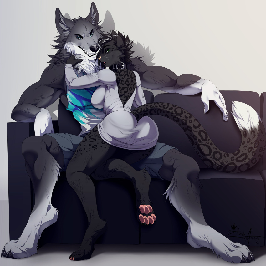 1:1 2019 4_toes 5_fingers absurd_res anthro black_body black_fur black_lips black_nose butt butt_pose canid canine canis clothed clothing digital_media_(artwork) duo felid female fingers fur green_eyes grey_body grey_fur hazakyaracely hi_res leopard lips looking_at_viewer looking_back male mammal pantherine pose sitting smile spots spotted_body spotted_fur toes wolf