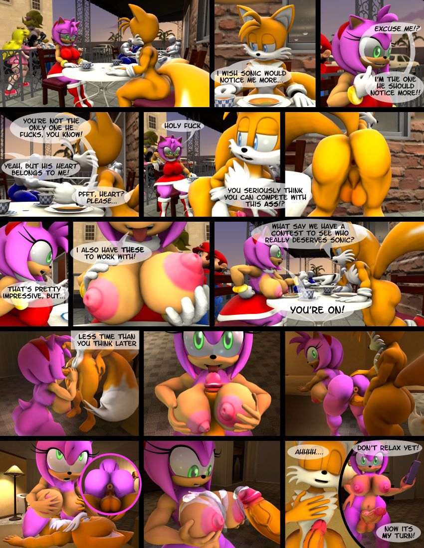 3d_(artwork) absurd_res amy_rose anthro anthro_on_anthro anus backsack balls big_breasts bodily_fluids breasts butt canid canine comic cum cum_on_breasts darksorm dialogue digital_media_(artwork) duo_focus english_text erection eulipotyphlan fellatio female fox genital_fluids group hedgehog hi_res human humanoid_penis licking male male/female mammal mario mario_bros miles_prower nintendo nipples oral penetration penile penis penis_lick princess_peach sex sonic_(series) source_filmmaker text titfuck tongue tongue_out vaginal vaginal_penetration vein veiny_penis video_games