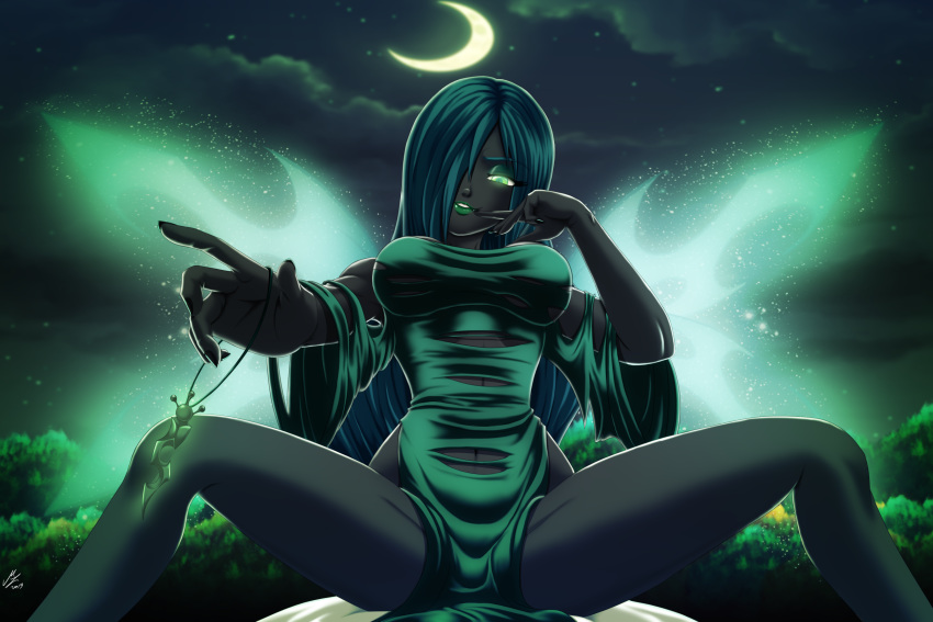 absurd_res alternate_species big_breasts breasts female friendship_is_magic hi_res humanoid humanoidized mauroz moon my_little_pony night queen_chrysalis_(mlp) spread_legs spreading winged_humanoid wings